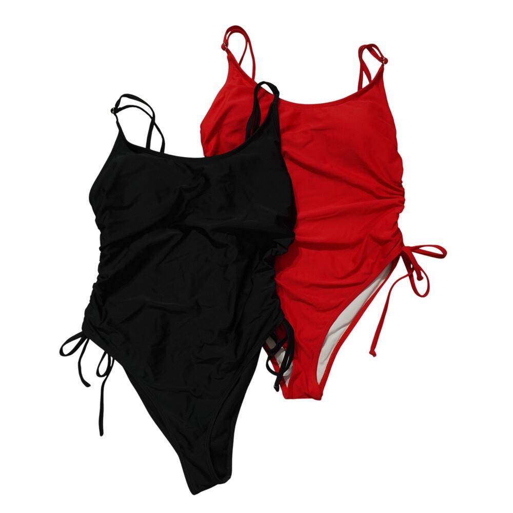 Lot of 2 Womens One Piece Swimsuit Ruched Side Scoop Neck Black Red Size XL